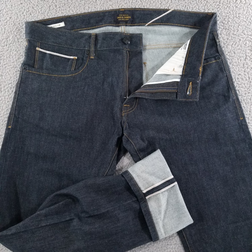 Jack & Jones Selvedge Jeans Mens 36x34 (Fits 38x33) Blue Tim Slim Fit Denim